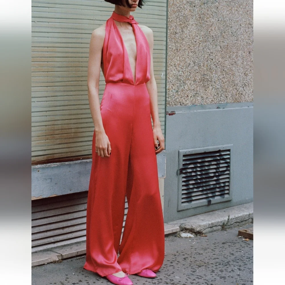 Zara * Satin Effect Jumpsuit Wide Leg Pink Long Size XS